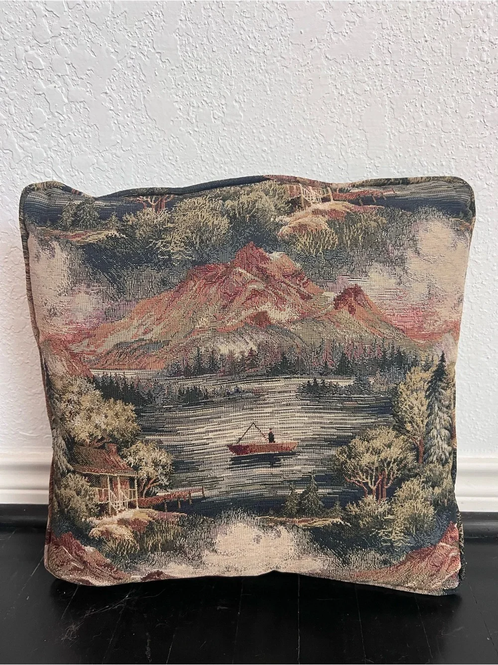 Vintage Scenic Mountain Lake Tapestry Throw Pillow